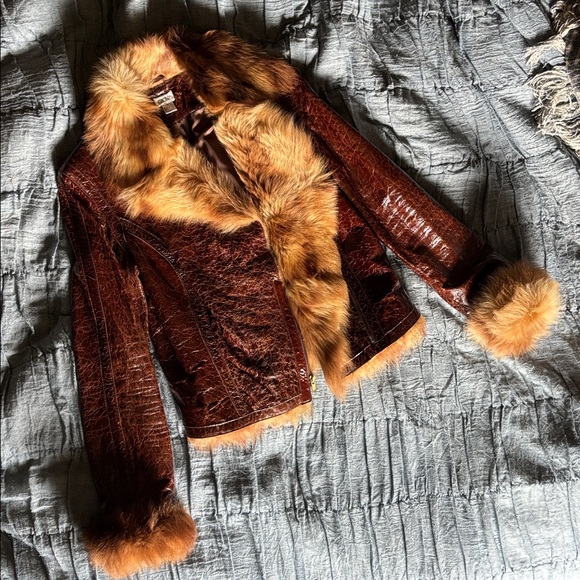 EUVC VTG Fur Collar Cuffs EMBOSSED CROC TEXTURED LAMB Zip LEATHER JACKET S M 6 8 - Picture 8 of 17